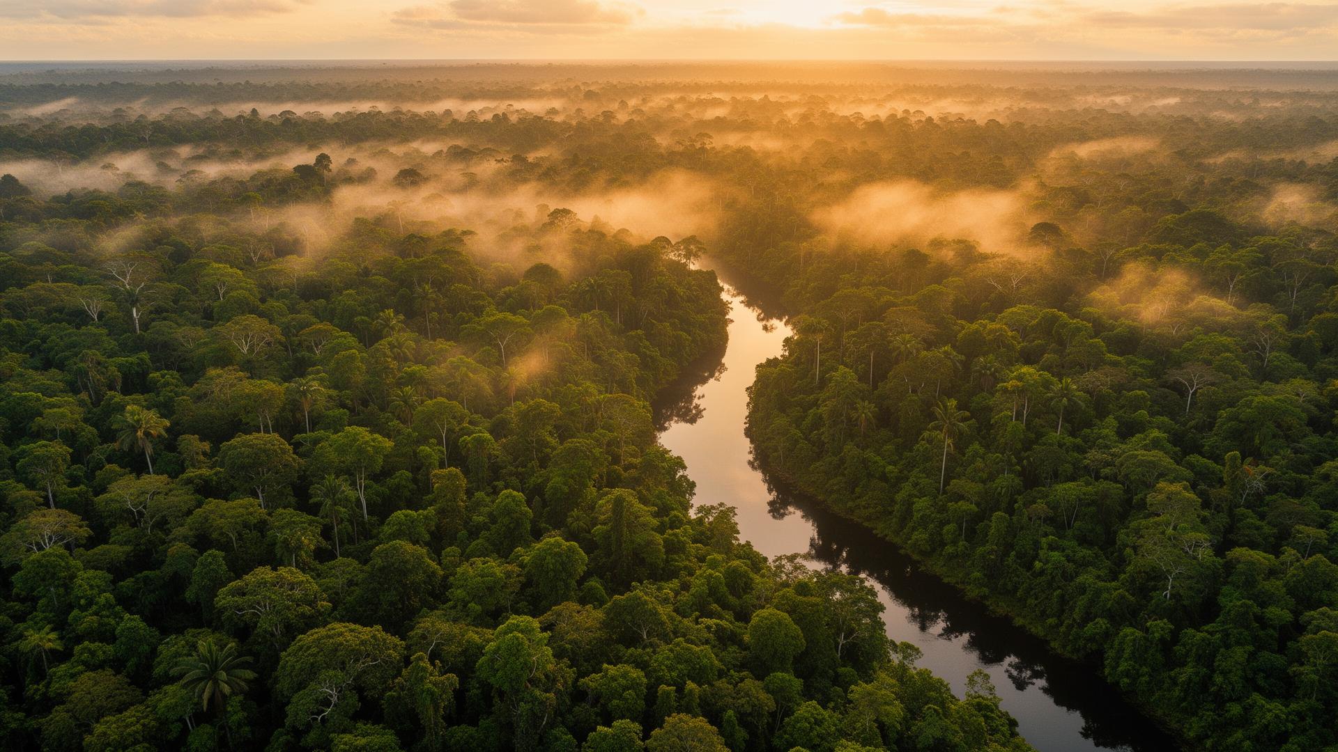 Floresta amazônica ao amanhecer com rio sinuoso
